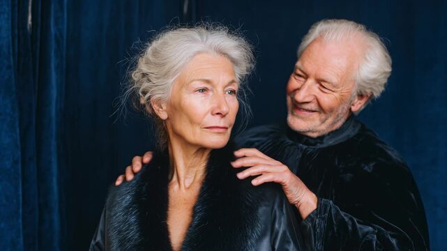 Elegant senior couple, portrait. Man adjusting woman&rsquo;s fur stole. Passionate love, devoted partners. Intimate moment, studio shot. Timeless beauty, aging gracefully. Luxurious lifestyle concept.