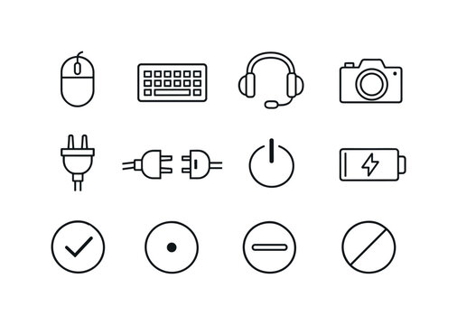Peripheral Connection Icons. Line style vector icons of peripheral connection icons: mouse, keyboard, headset, camera; plug,