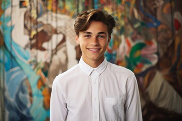 Fototapeta premium Smiling young man in white shirt standing in front of abstract colorful artwork