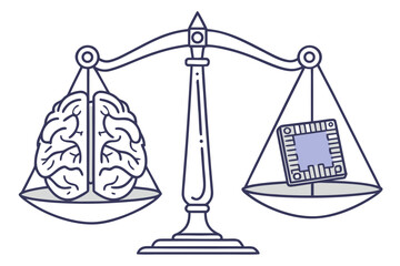 Human Brain and AI Chip Balanced on Scale.