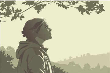 Hopeful Young Man Gazing Upwards in Nature.