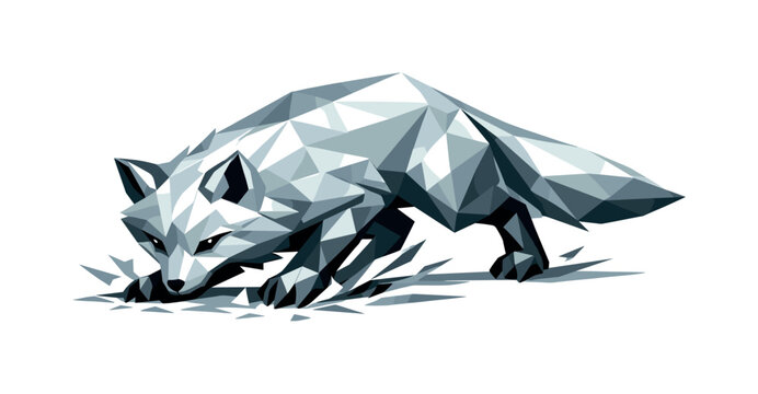 Low-poly vector illustration of an arctic fox stalking just before the pounce, low crouched angular posture with faceted body