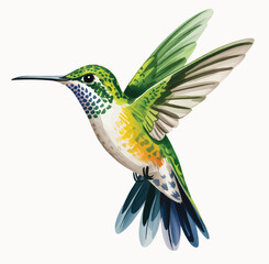 Obraz premium Vibrant tropical hummingbird in soft luminous watercolor flow. Hummingbird in flight with soft botanical watercolor illustration.