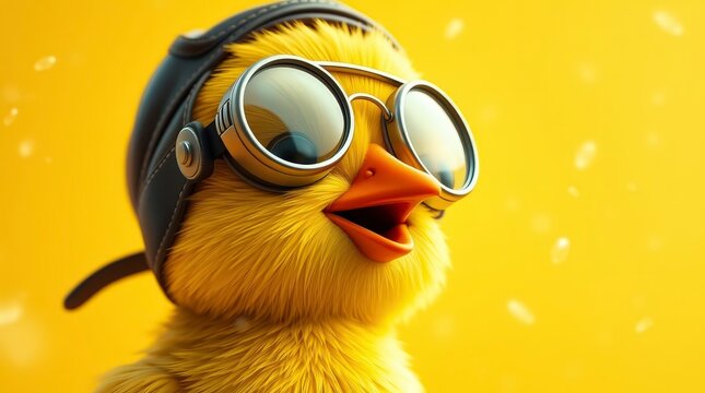 Happy chick wearing goggles and a pilot hat with a bright yellow background at a fun activity time
