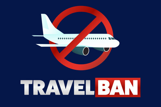 Air travel ban. Red sign on a white airplane with text symbolizing restrictions on air movement.