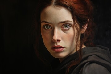 Fototapeta premium Redhead woman with green eyes reflecting introspection and seriousness on a dark background