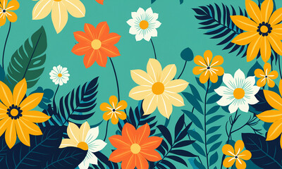 flat floral pattern with yellow and orange flowers and dark green tropical leaves on teal background for botanical and nature inspired surface decoration