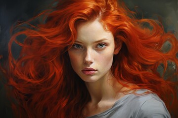 Fototapeta premium Redhead woman looking forward with long, vibrant hair against a dark background