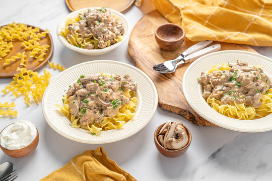 Beef stroganoff made with steak, gravy, and egg noodles