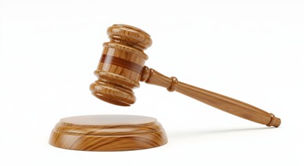 A wooden gavel suspended above its matching sound block on a plain white background