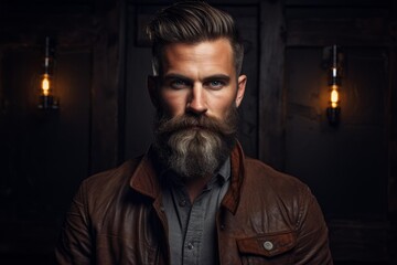 Obraz premium Man with stylish haircut and long beard posing against dark background