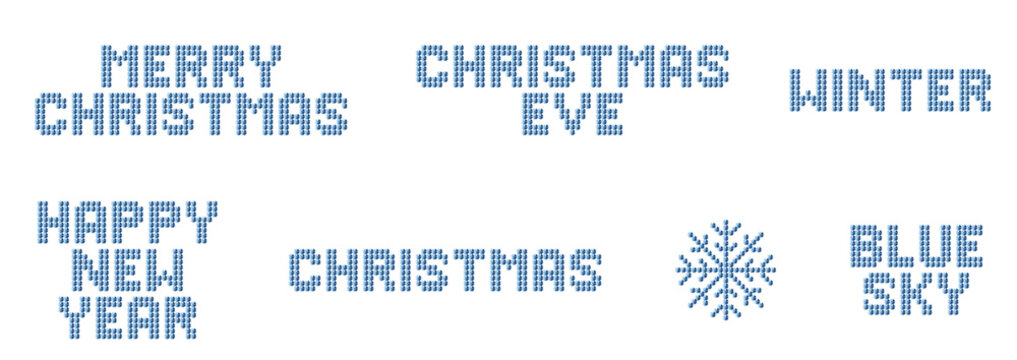 Blue rhinestone Christmas and New Year lettering set with snowflake icon for winter holiday design