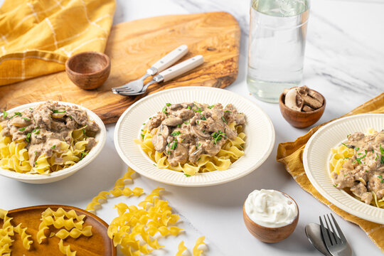Beef stroganoff made with steak, gravy, and egg noodles