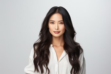 Obraz premium Young asian woman posing with elegant long wavy black hair against a white studio background