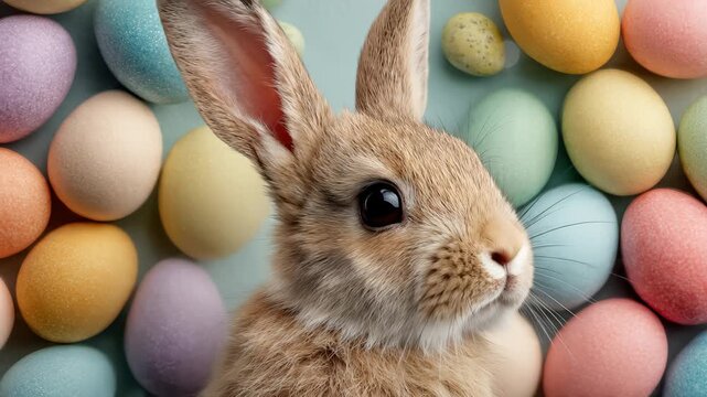 Curious rabbit with colorful easter eggs displaying playful expressions in pastel backdrop