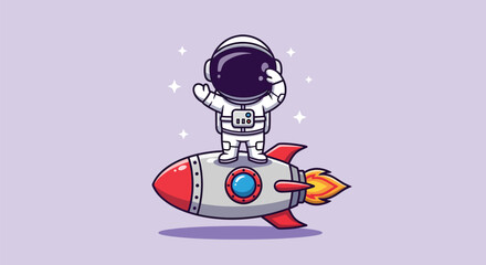 Cute Astronaut Standing on Rocket in Space Cartoon Vector Icon Illustration Science Technology Icon Concept Isolated Premium Vector.