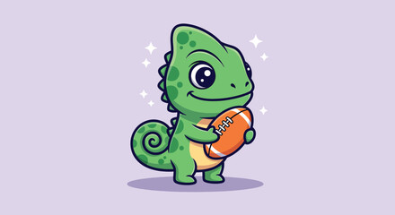 Obraz premium Cute Chameleon Holding American Football Ball Cartoon Illustration.