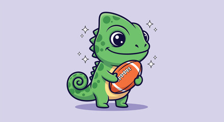 Obraz premium Cute Chameleon Holding Rugby Ball Cartoon Illustration.