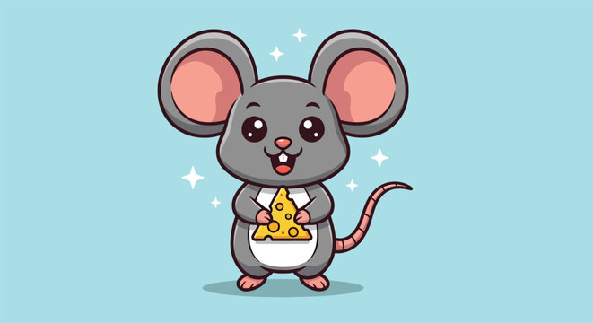 Cute Cartoon Mouse Holding Cheese Illustration.
