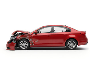 Obraz premium Red sedan car with severe front-end collision damage on white background