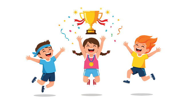 Happy children celebrating victory with a golden trophy and confetti Vector.