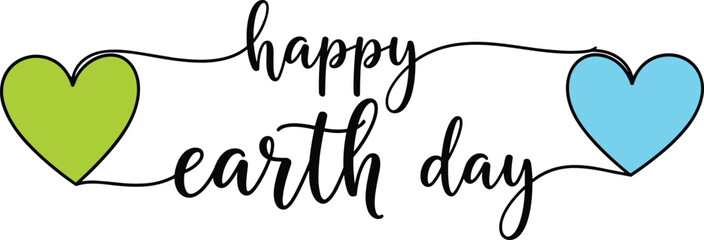 Simple minimalist continuous line art typography design for Happy Earth Day featuring a cute green heart and a blue heart. © Ruhul