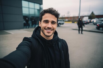 Fototapeta premium Happy young man taking a selfie portrait in an urban parking lot