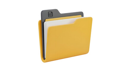 A yellow file folder on transparent background with multiple documents inside