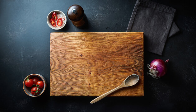Rustic wooden cutting board with kitchen utensils arrangement