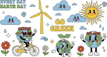 Fun retro vintage seventies style cartoon collection featuring smiling globe characters wind turbine sun clouds flowers and Go Green text. © Ruhul