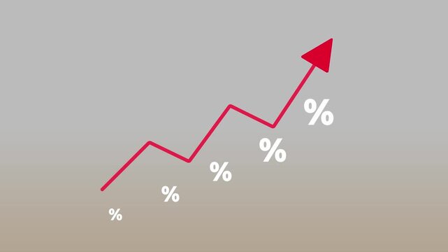 Business calculates inflation red arrow with a percentage sign and a pile of coins, concept of higher inflation and more expensive food. Motion graphics of percent business graph