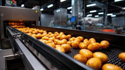 Conveyor belt with fresh potatoes in an automated food processing plant. Suitable for agricultural technology and industry concepts.