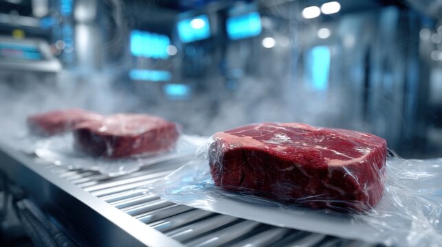 Vacuum-packed steaks on a conveyor, with cold mist in an industrial setting. Ideal for food processing, packaging, and refrigeration concepts.