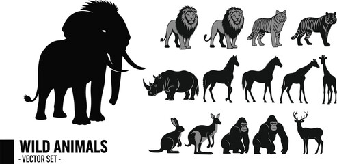 Wild animals vector set featuring black silhouettes of large african elephant lion tiger rhino giraffe and gorilla on white background. © Ruhul