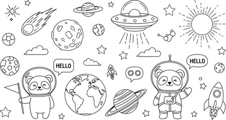 Cute panda astronauts exploring outer space with alien spaceships planets and stars in a black and white coloring book illustration. © Ruhul