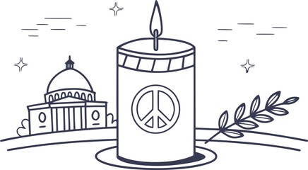 Commemorative candle with soft flame symbolizing peace sign building dome olive branch © CDMIZAN