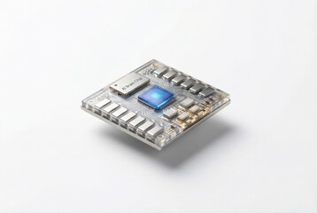Fototapeta premium Advanced AI Brain Chip Technology Showcasing a Transparent Microprocessor with Embedded Circuits Under Soft Lighting for Innovative Digital Solutions