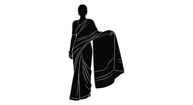 Elegant woman in traditional sari full body profile view black silhouette