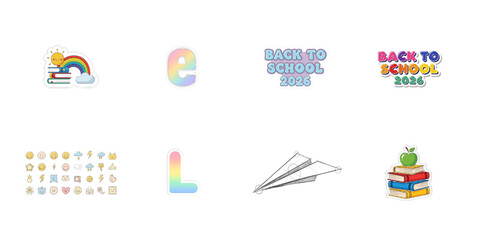 Fototapeta premium Back to school stickers and emojis on black isolated on a transparent background