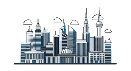Fototapeta premium Stylized cityscape illustration featuring modern skyscrapers and a few fluffy clouds