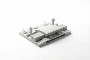 Architectural model of a modern airport terminal with control towers and aircraft, emphasizing streamlined design elements and innovative infrastructure solutions enhancing connectivity