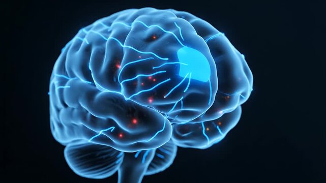 Animated 3D CGI Visualization of Neuronal Activity in the Human Brain with Glowing Blue and Red Loci on a Dark