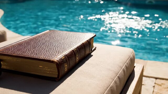 Brown leather bound book with a tassel on a lounge chair beside a sparkling swimming pool in sunlight