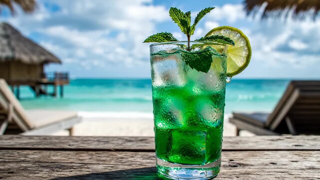 Refreshing green iced cocktail with lime and mint on a rustic wooden table at a tropical beach resort