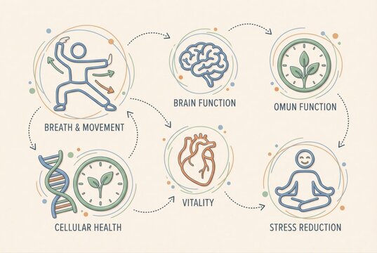 Holistic Health Diagram Representing Interconnections Between Breath Movement Brain Function Omum Function Cellular Health Vitality and Stress Reduction for Enhanced Wellbeing