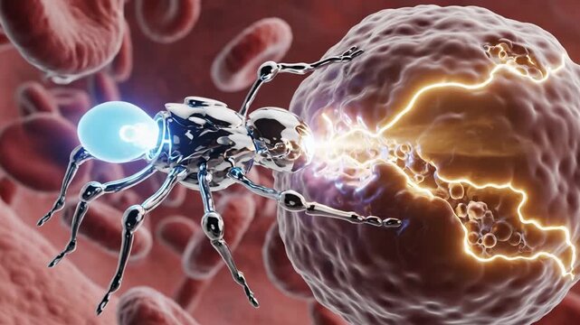 A chrome robot with a glowing blue orb battles a diseased cell in a sea of blood cells