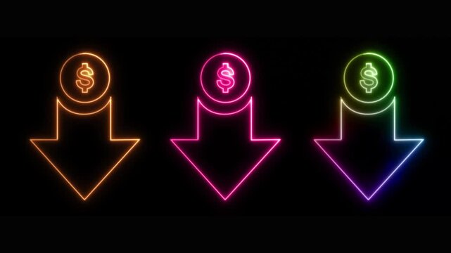 Multivariant neon dollar signs with downward arrows animation on a black background, cost decrease, budget reduction, market downturn, or financial loss.