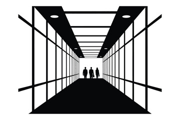 Business people walking down modern hallway silhouette