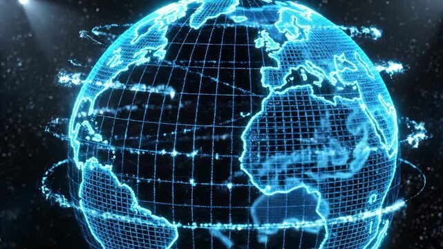 A glowing, blue digital globe displaying continents with a grid overlay against a starry backdrop