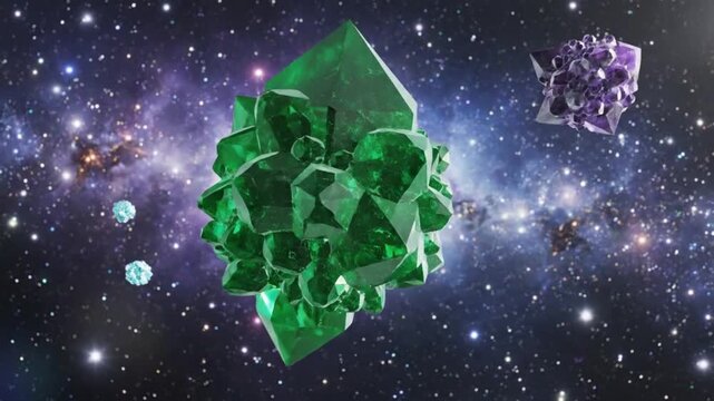 A vibrant green crystal structure floats amidst a cosmic backdrop with stars and planetary bodies
